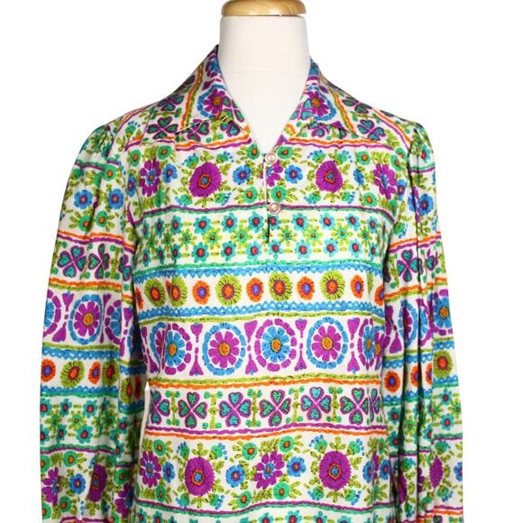 Vintage Shirtwaist Dress Psychedelic Bright Floral Print Sz L B36 W36 - Hey Viv - Picture 3 of 9
